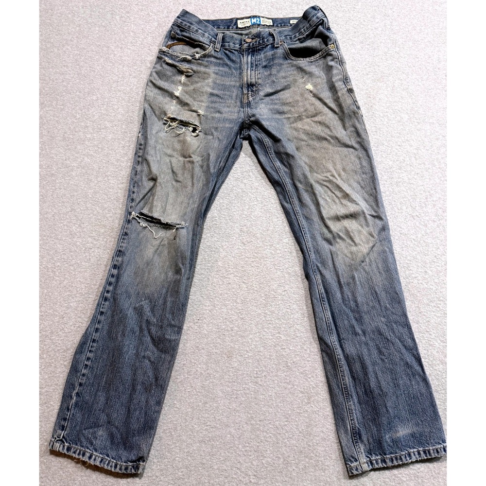 Ariat M2 Legacy Relaxed Boot Cut Jeans Mens 32x34 Distressed Blue Denim Workwear